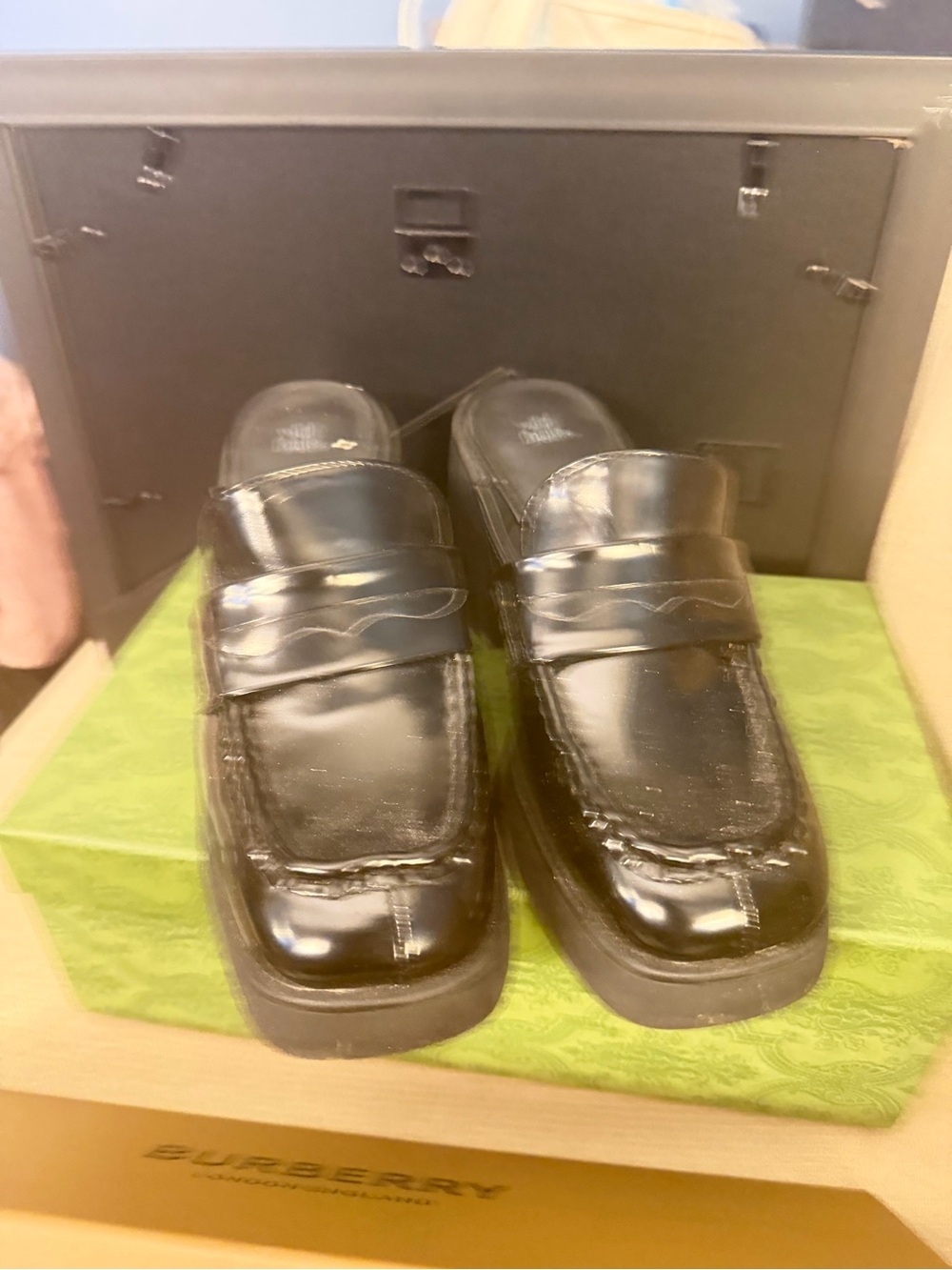 Black Leather Women Mule Penny Loafers -